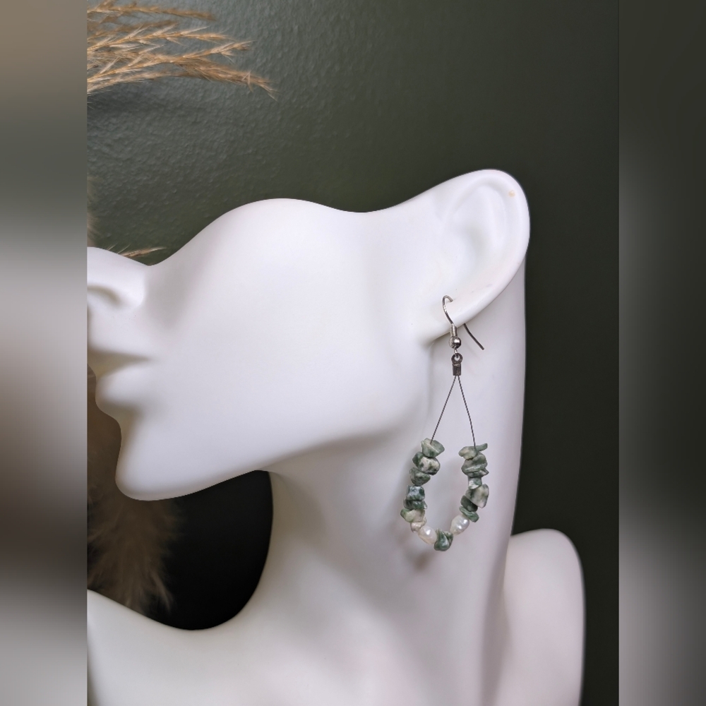 Vintage Artisan Moss Agate And Freshwater Pearl Dangle Earrings